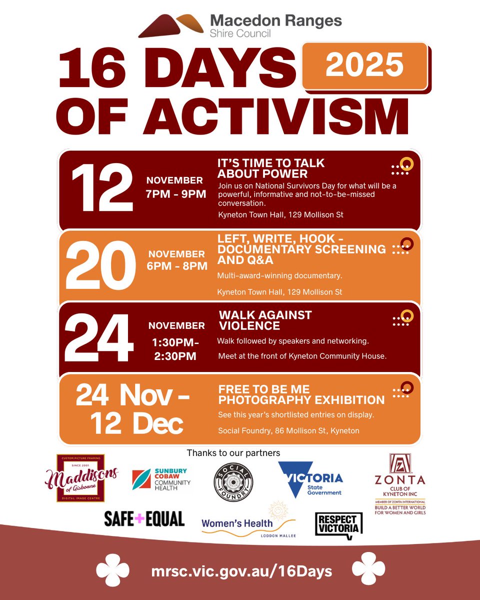The 16 Days of Activism Against Gender-Based Violence is a global campaign to end gender-based violence. Council is committed to building a community that is safe, inclusive, and respectful, where everyone can live free from violence and fear.
Visit: mrsc.vic.gov.au/See-Do/Events-…