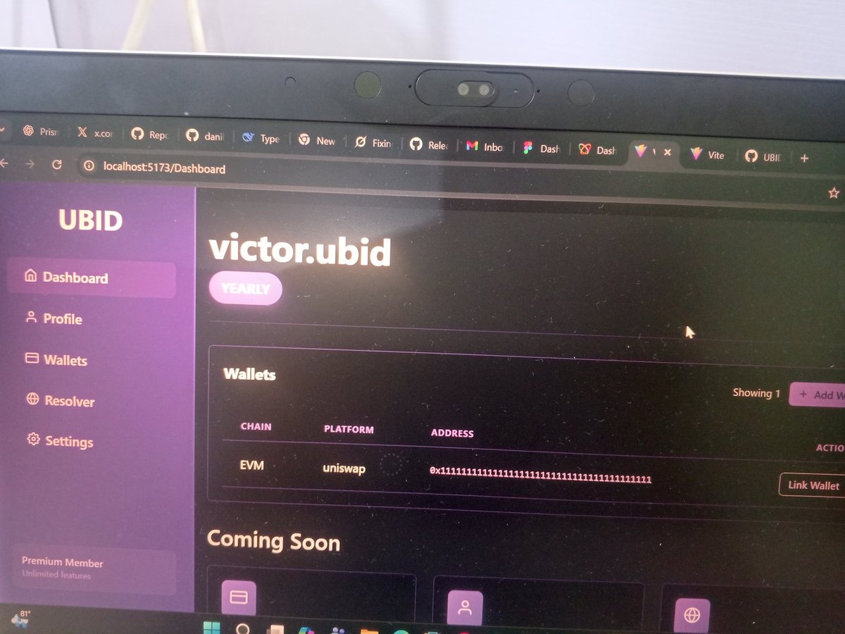 BlockForge_labs's tweet image. 🚀 UBID — A Glimpse Into the Future of Web3 Identity

Just a small preview of the UBID Dashboard (MVP) 👇
Our goal with this MVP is simple yet powerful:

👉 Link all your wallets (EVM, Solana, Sui, Aptos, etc.)
👉 Send and receive crypto using your unique name (no more 0x……