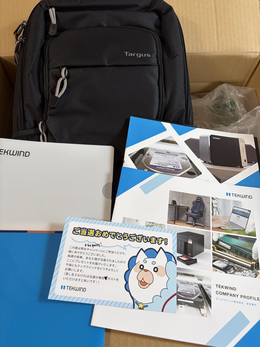 🎒テックウインドさんのターガスバックパックが届いた！！荷物が少なくても形が崩れないのと、大きすぎないのがいい！
週1でノートPCを持ち運ぶので、しっかり活用します💪

<a href="/tekwind_/">テックウインド🖥️IT機器の調達＆組立</a>