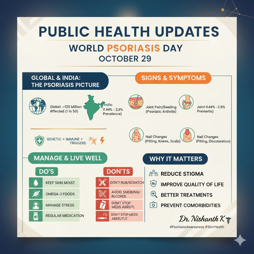 📢 World Psoriasis Day (Oct 29): Let's unite against Psoriasis!
Globally ~125M affected, ~0.44-2.8% in India 🇮🇳. It's more than skin deep!
🎗️ Manage stress, keep skin moist &amp; follow treatment.Together, we can reduce stigma &amp; improve lives. #PsoriasisDay #SkinHealth #HealthForAll