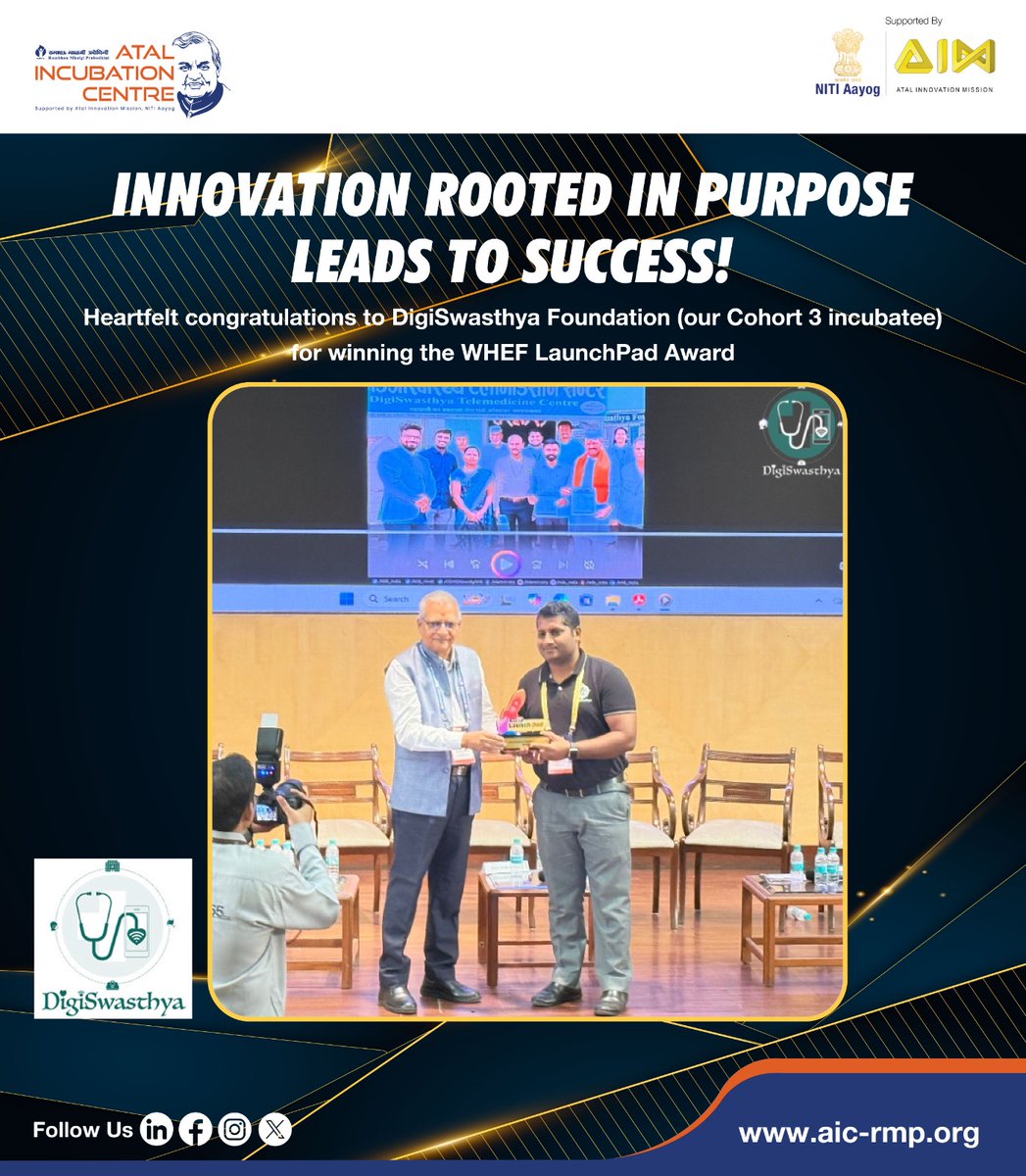 Turning vision into victory! 🎯
Proud moment for #AICRMP as our Cohort 3 incubatee DigiSwasthya wins the WHEF LaunchPad Award at the Startup Innovation Confluence, NSE BKC, Mumbai. 
Innovation that’s making healthcare accessible for all! 
#StartupSuccess #InnovationForImpact