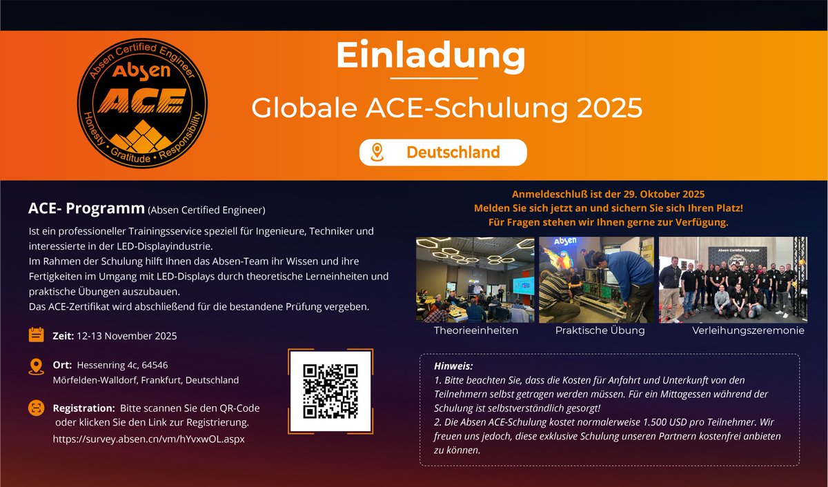 Absenservice's tweet photo. 🚨 【LAST CHANCE! Absen ACE Training Registration Closes TODAY】
Only a few spots left! Registration closes soon!

Secure your spot now - scan the QR code or click the link to register:
https://t.co/EvIjnmKe0O

#Absen #ACECertified #LEDTraining #EngineerCertification #Frankfurt https://t.co/PgpP0Zj8L3