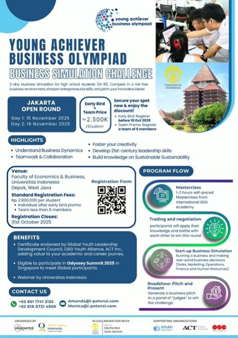 SIMAK_UI's tweet image. Kamu calon mahasiswa yang tertarik dengan bisnis? jangan lewatkan Young Achiever Business Olympiad yang akan diadakan di Kampus UI. Kesempatan emas untuk mencoba pengalaman belajar ala UI dengan bonus sertifikat yang diakui secara global.💡

Info lengkap👉 instagram.com/reel/DPLZb4qCa…