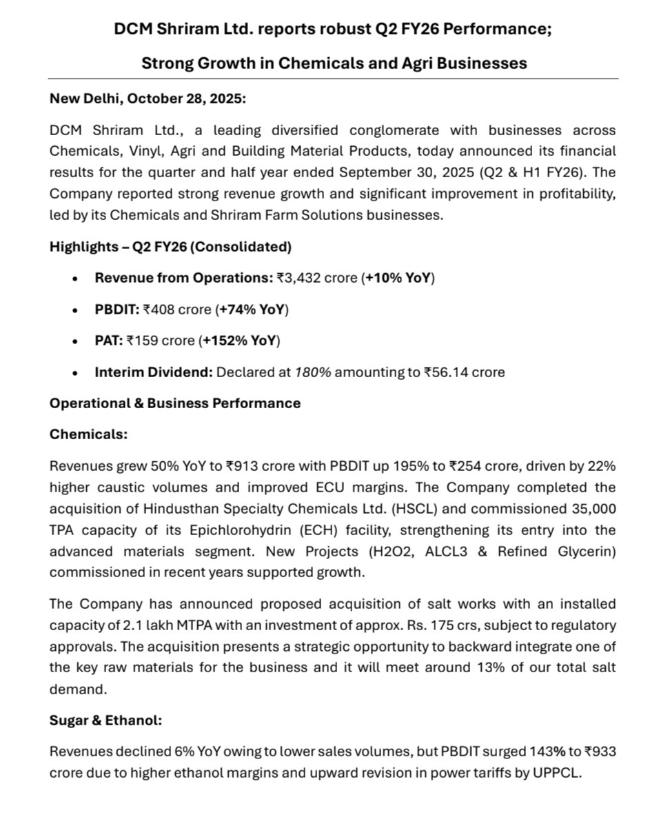 nid_rockz's tweet image. DCM Shriram Ltd
#DCMShriram

Solid Q2FY26 

Rev at 3432cr⏫10%

EBITDA at 408cr⏫74%

PAT at 159cr⏫152%

Chemicals segment:
Rev ⏫50% at 913cr
EBITDA ⏫195% at 254cr

22% volume growth in caustic and improved ECU margin 

35000 tpa ECH commissioned 

Farm solutions has a solid