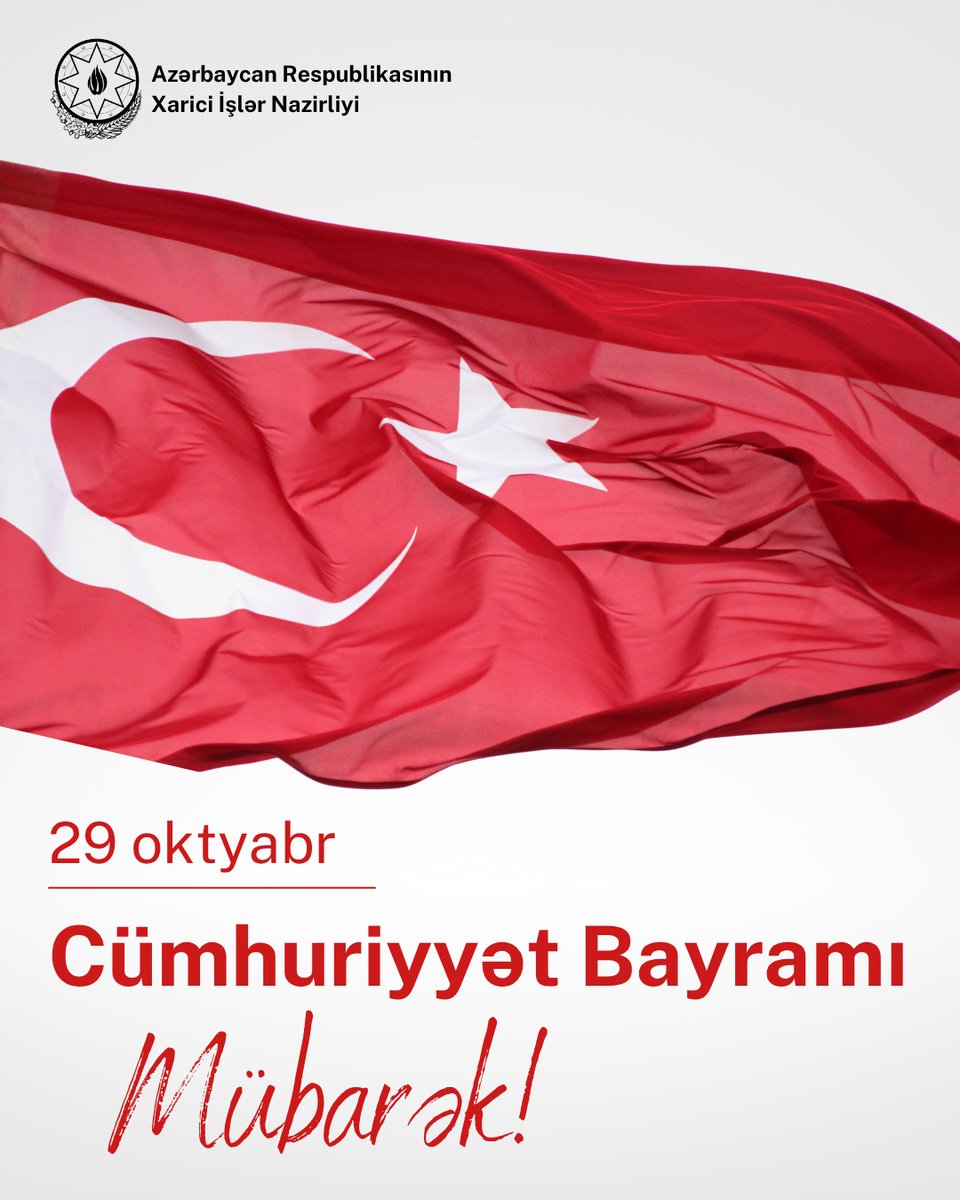 29 Oktyabr - Türkiyə Respublikasının əsasının qoyulmasının 102-ci ildönümü münasibətilə qardaş Türkiyə xalqını və dövlətini səmimi-qəlbdən təbrik edirik.

Bu tarixi gündə, Türkiyə Respublikasının banisi, dahi Mustafa Kamal Atatürkü, eləcə də Cümhuriyyətin yaradılması uğrunda