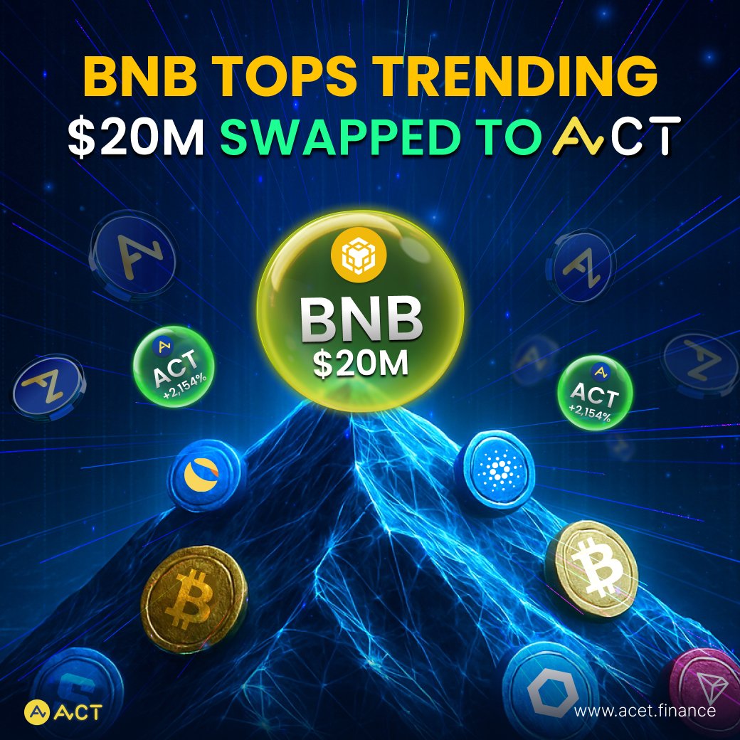 🚀 BNB stands at the top of the mountain once again!

🎉 Over $20M worth of BNB has been swapped into $ACT through the “Loyalty Swap to ACET” campaign — making it the highest-volume token of all time! 

The +3% bonus and USDT Rewards have already been distributed in abundance,