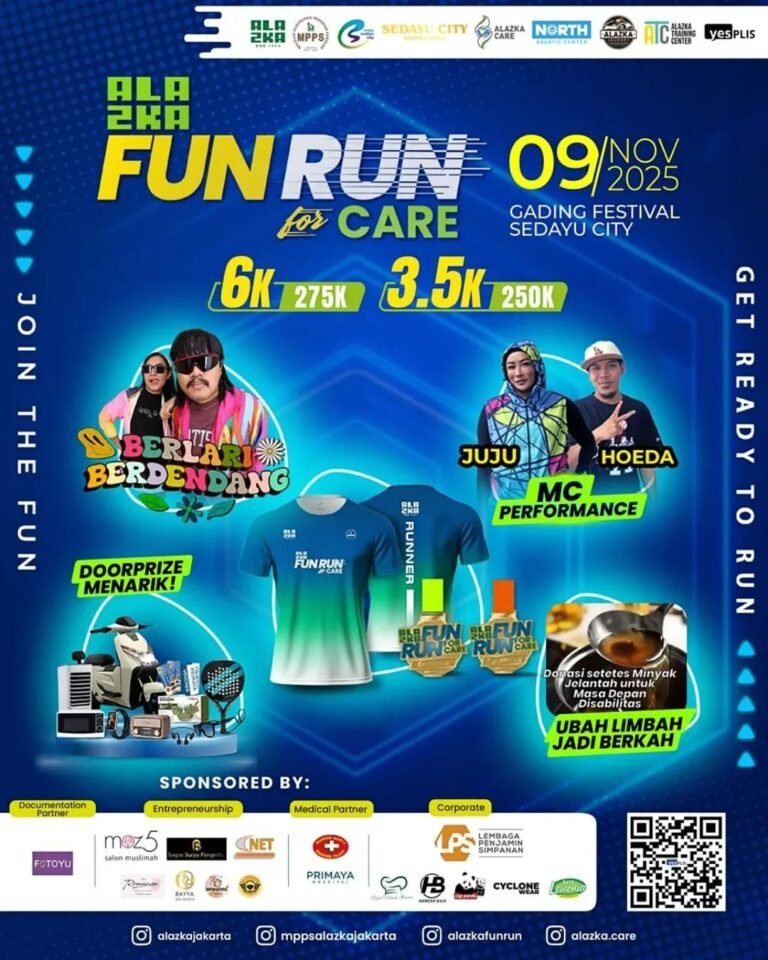 👟Alazka Fun Run for Care 2025
🗓️Minggu, 9 November 2025  
🏃‍♂️3.5K dan 6K
🏠Sedayu City, Kelapa Gading, Jakarta Utara, DKI Jakarta  

#JadwalLari #KalenderLari #InfoLari #EventLariJakarta #AlazkaFunRunForCare2025