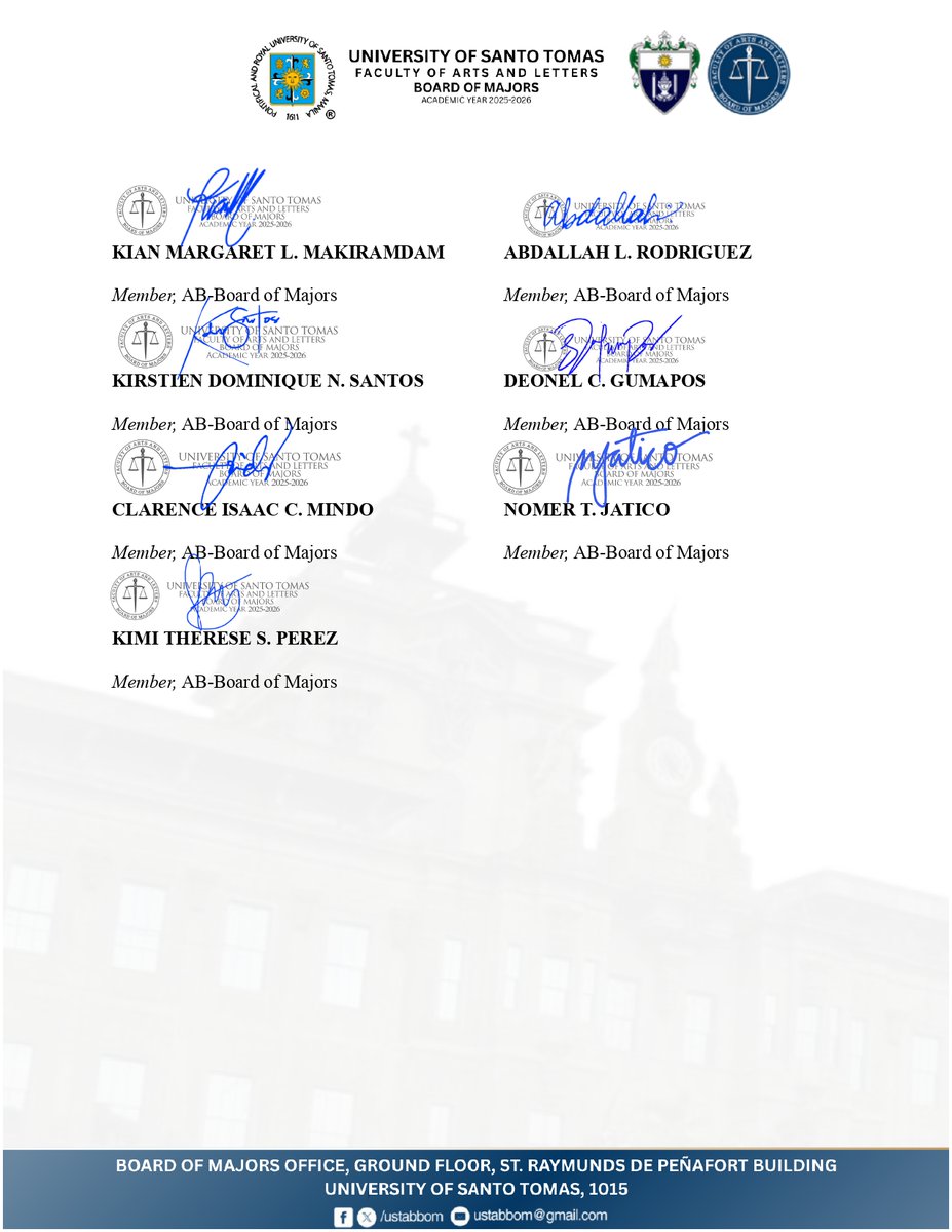 ustabbom's tweet photo. UST-AB-BOM-RESO-02 s. 25-26  

BOARD OF MAJORS RESOLUTION ON PROCLAIMING THE POLITICAL SCIENCE FORUM'S PRESIDENT, MX. NOMER T. JATICO, AS THE DULY ELECTED BOARD OF MAJORS SPEAKER FOR THE ACADEMICY YEAR 2025-2026. https://t.co/ghmqTx44v3