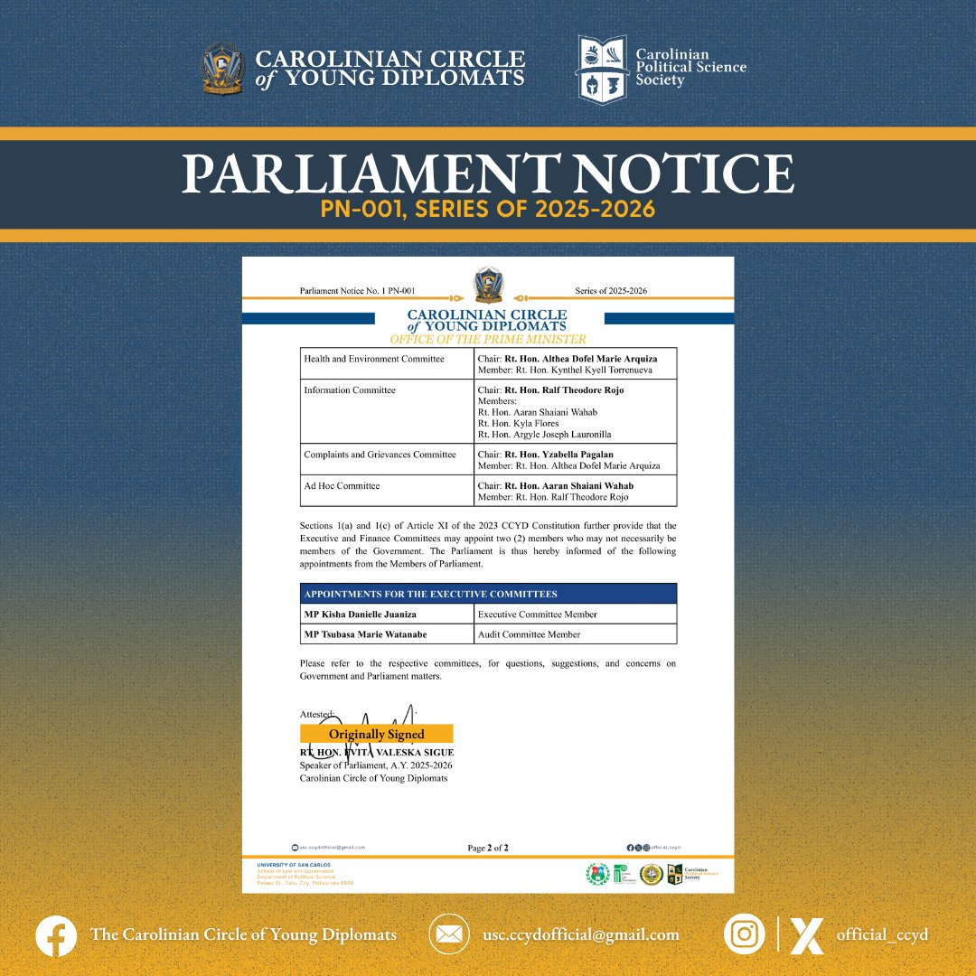 official_ccyd's tweet photo. 📜 𝗖𝗜𝗥𝗖𝗨𝗟𝗔𝗥 𝗥𝗘𝗟𝗘𝗔𝗦𝗘 - 𝗣𝗔𝗥𝗟𝗜𝗔𝗠𝗘𝗡𝗧 𝗡𝗢𝗧𝗜𝗖𝗘 𝗡𝗢. 𝟬𝟭

The CCYD Government issues this Parliament Notice No. 01, hereby informing the CCYD Parliament of the following Committee Appointments of the Government. https://t.co/seuEH7yzx8