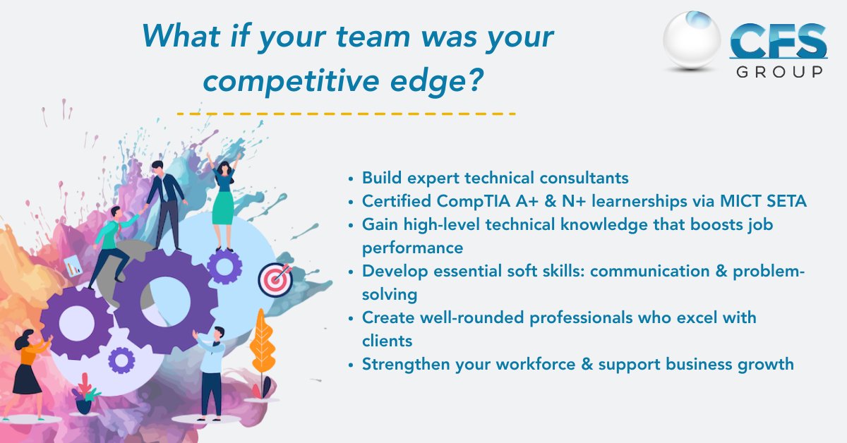 cfs_software's tweet image. Your team can be your biggest edge 💡
CFS trains expert technical consultants through CompTIA A+ &amp;amp; N+ learnerships with MICT SETA.
📧 info@cfsgroup.co.za
#CFS #UpskillYourTeam #WorkforceDevelopment