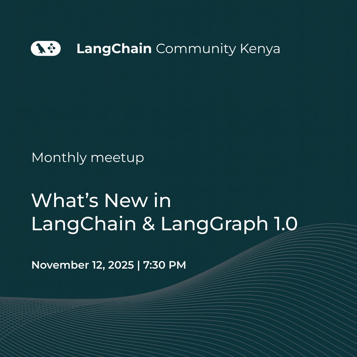 langchainke's tweet photo. Join our next LangChain Community Kenya meetup to explore what’s new in LangChain &amp; LangGraph 1.0.

If you’re an AI builder, student, or enthusiast, come learn, share, and connect with others in the community.

#LangChain #LangGraph #AICommunity #KenyaAI https://t.co/EUP6oz4ze0