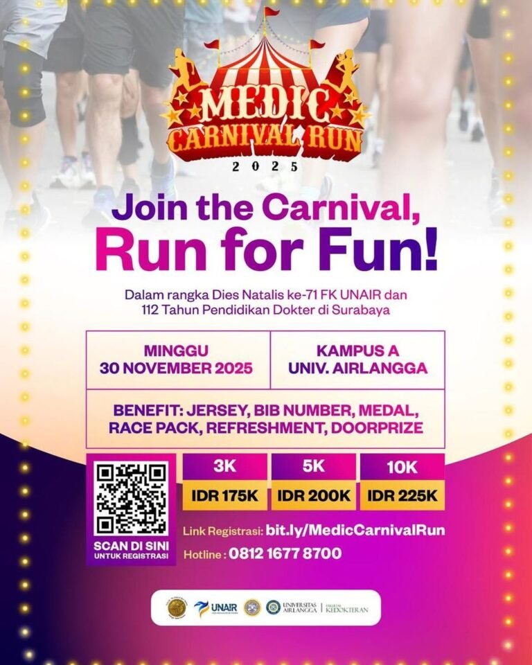 👟Medic Carnival Run 2025
🗓️Minggu, 30 November 2025  
🏃‍♂️3K, 5K, dan 10K
🏠Kampus A Universitas Airlangga, Jl. Prof. DR. Moestopo No.47, Surabaya, Jawa Timur  

#JadwalLari #KalenderLari #InfoLari #EventLariSurabaya #MedicCarnivalRun2025