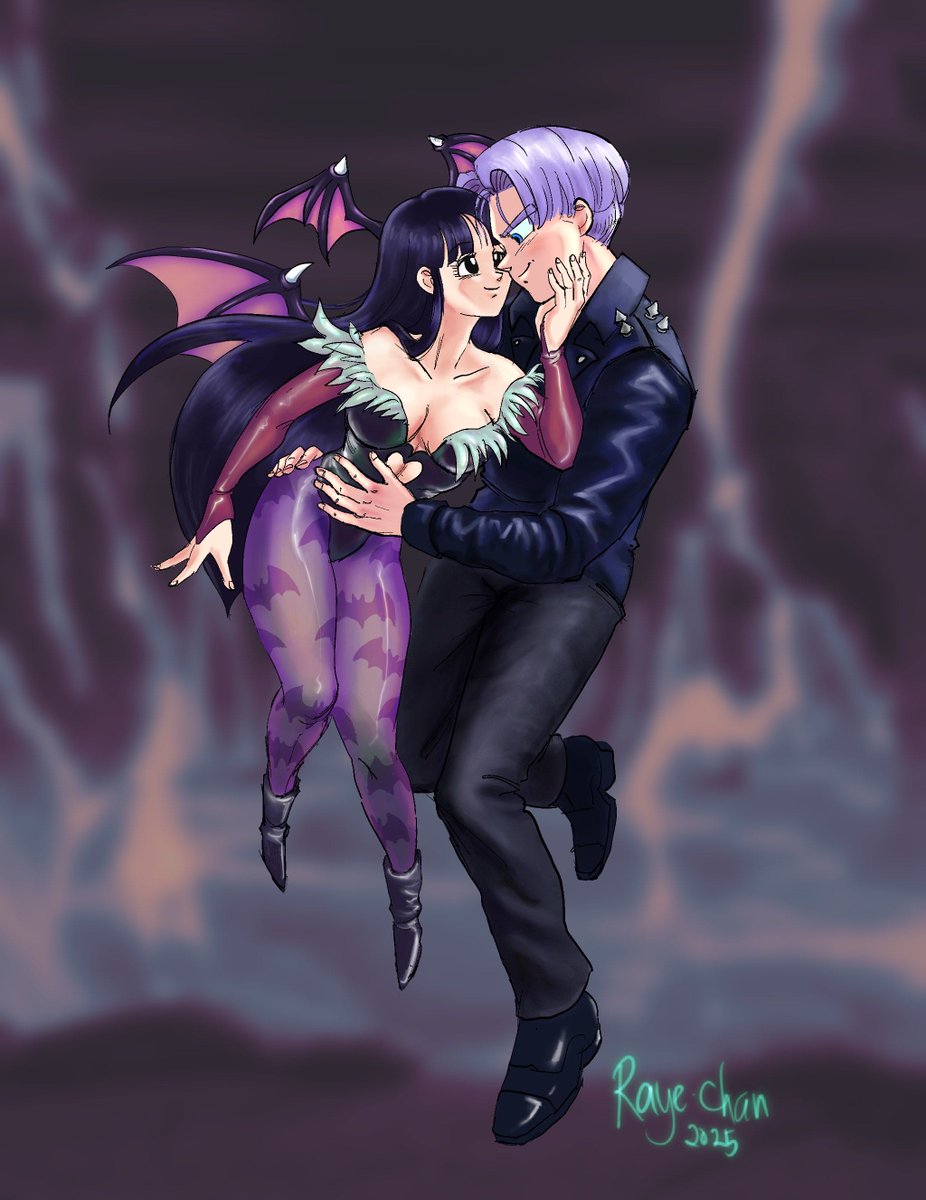 SweetTigerBread's tweet photo. Pan returning as Morrigan Aensland and Trunks as Ghost Rider. Inspired by the Marvel vs Capcom Infinite game.  
🐯🍞
Finally completed  this for Halloween 2025! This was a wip from 2023 -_-. #trupanweek #trupan #トラパン #darkstalker #ghostrider #trunks #pan https://t.co/3Q2nTOBfWH