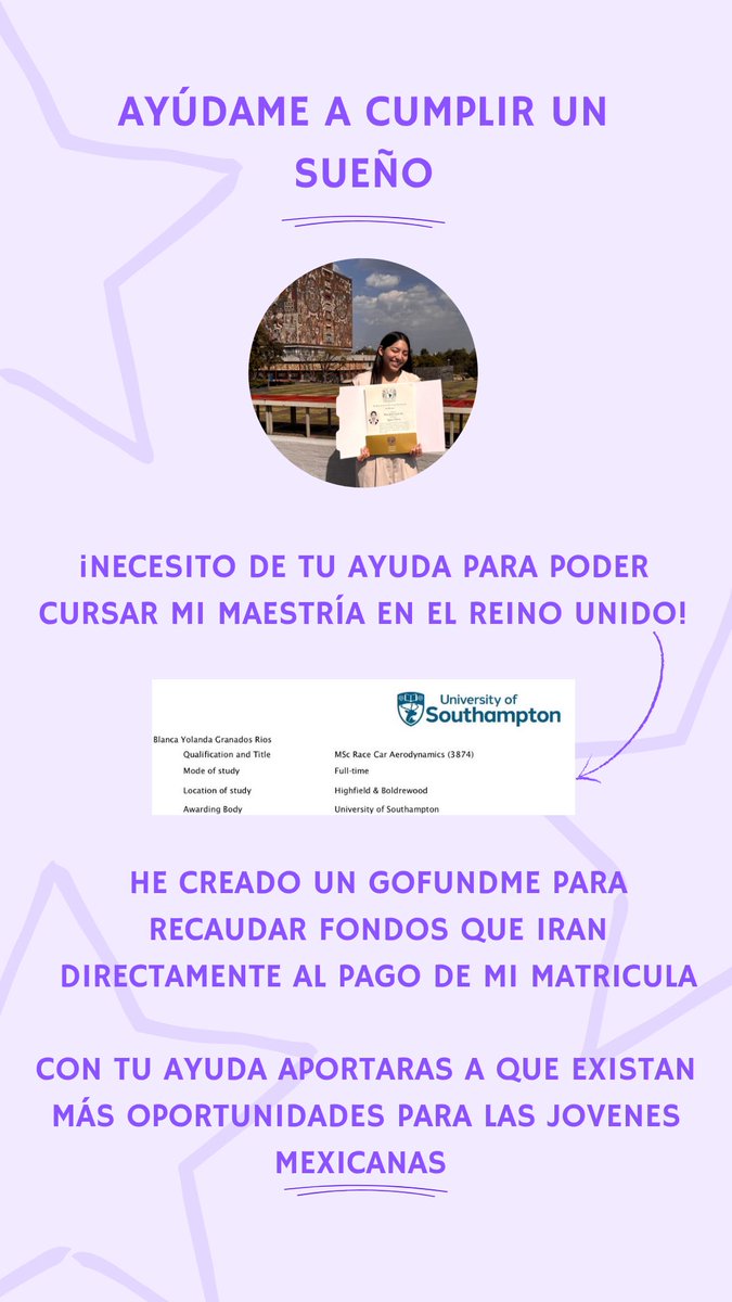 Shiro_127_0's tweet photo. Querido X antes Twitter.

Soy ingeniera Mexicana y la universidad de Southampton me ha aceptado para cursar una de las maestrías líderes en el área de motorsport engineering y me ha ofrecido una beca que reduce parcialmente mi matrícula. https://t.co/VRmKZsRc9K