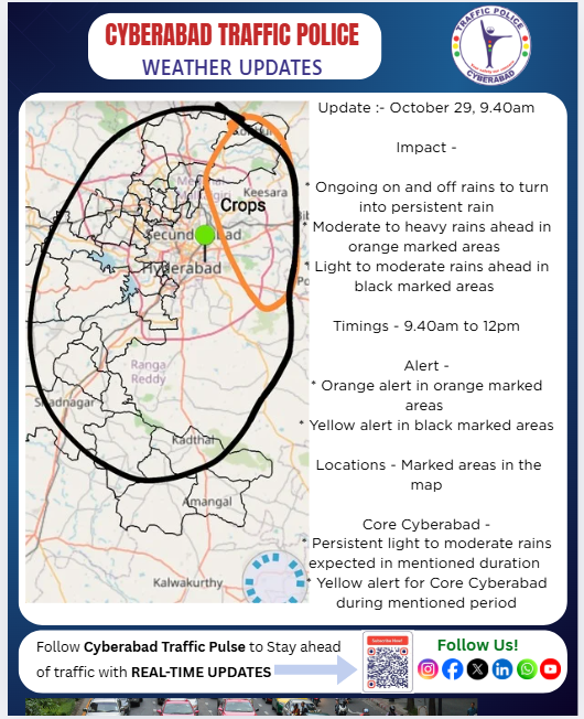 CYBTRAFFIC's tweet photo. Let’s stay alert, stay safe, and cooperate with Traffic police. 🌧️💪
#weatherupdate #rainalert #cyberabadpolice #cyberabadtrafficpolice #staysafe #rainprecautions #roadsafety #drivesafe #communityalert https://t.co/v2FMjqYmoM