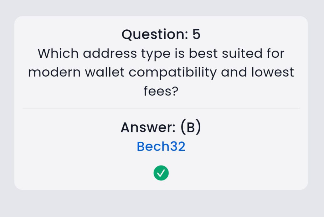 Eaziboy2127's tweet image. 🔥 SYNTAX VERSE Daily General quiz answer !
🗓️ 29.10.2025
❓ Title : Types of Bitcoin Wallet Addresses
🎁 Reward : 32.12 $SYNTAX
🧑💻 Answers : B, C, D, C, B
✅ Syntax Verse : syntaxverse.com/rf/7ZH1I11JDP2
#syntax #syntaxverse #syntaxquiz