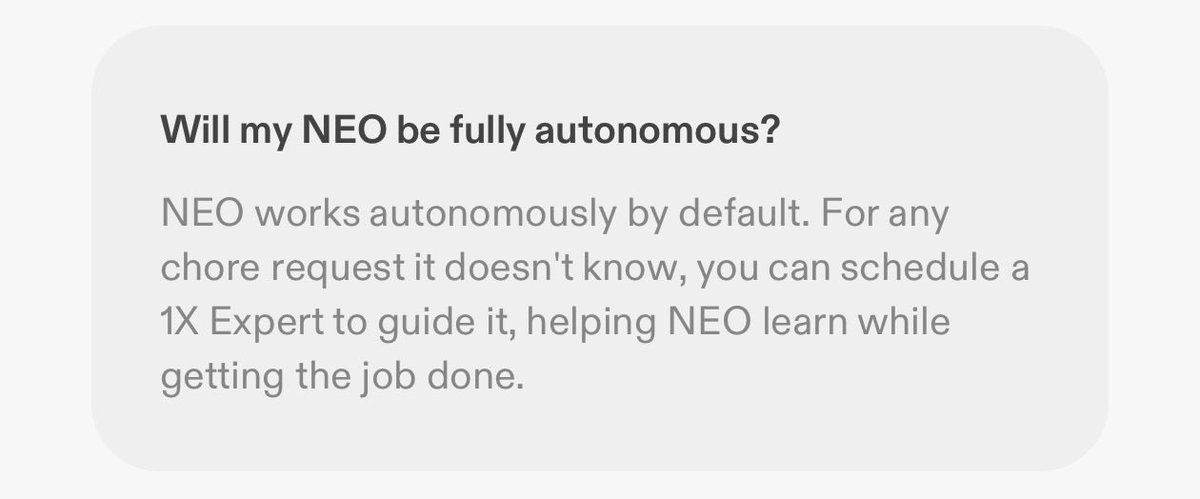 imCoderDan's tweet image. 1X Experts on day one guiding Neo bots for specialized chores requests.