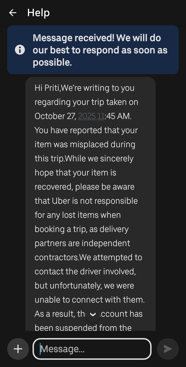 wings_divi97959's tweet image. Driver ka account suspend kar dena solution nahi hai! Mera ₹8000 ka parcel abhi tak missing hai, aur koi recovery update nahi mila. 3 din ho gaye!
Mujhe sirf “sorry” aur “suspended” se kaam nahi चलेga — 
#UberIndia #UberSupport #MissingParcel #CustomerRights