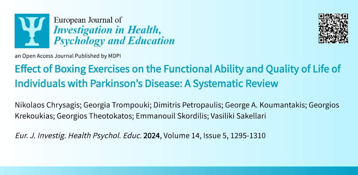 EJIHPE_MDPI's tweet image. 😍Welcome to read👉&quot;#Effect of #BoxingExercises on the #FunctionalAbility &amp;amp; #QualityofLife of #IndividualswithParkinsonDisease: A #SystematicReview&quot;📙by🧑‍🚀Dr. N. Chrysagis et al.:📍mdpi.com/2254-9625/14/5…
#Parkinson #boxingtraining #functionality