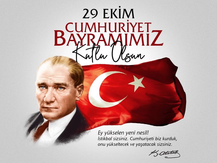 Cumhuriyetimizin 102. Yılı Ve En Büyük Bayramımız Kutlu Olsun!🎉🎈

Bize bu cumhuriyeti armağan eden başta 
Gazi Mustafa Kemal ATATÜRK olmak üzere; 
Tüm silah arkadaşlarına,
Tüm isimsiz kahramanlarımıza, 
Sonsuz saygı, sevgi ve minnetle..🙏❤️🇹🇷❤️

#NeMutluTürkümDiyene