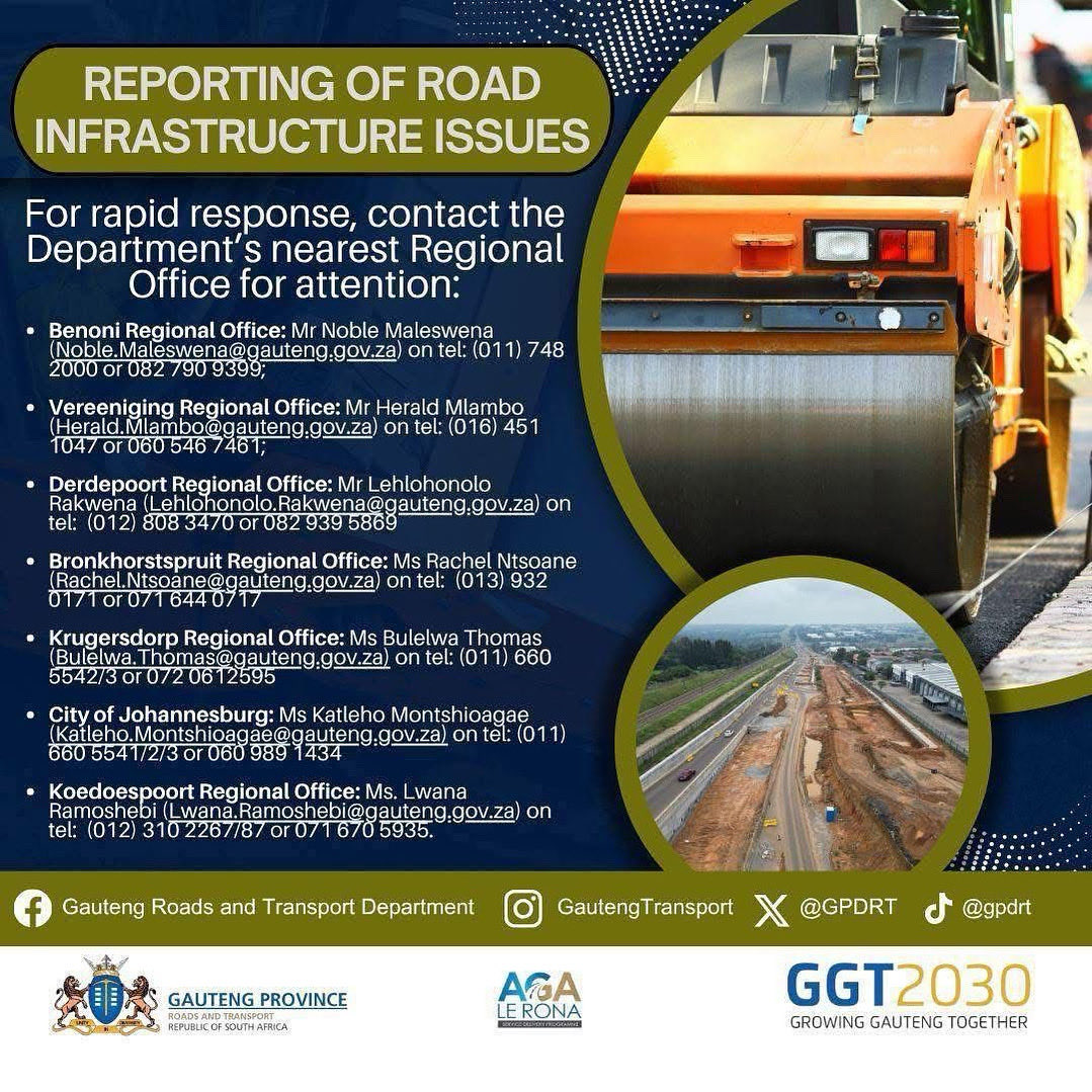 GPDRT_'s tweet photo. Reporting a pothole or a faulty traffic signal in your area has never been easier!
Simply download the PotholeFixGP APP, register, and immediately begin reporting...
Alternatively, please contact the below regional managers โฌ๏ธ
#PotholeFixGP #AgaLeRona #GrowingGautengTogether https://t.co/9w78Fba22v