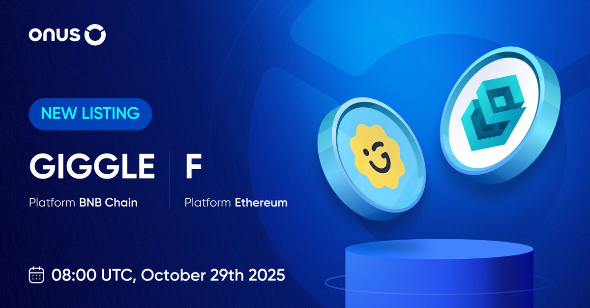 ONUSFinance's tweet image. 📱 Giggle Fund (#GIGGLE) and SynFutures (#F) get listed on ONUS

Starting from 08:00 UTC on October 29, 2025, we officially list Giggle Fund (#GIGGLE) and SynFutures (#F) on the ONUS application:

- Off-chain transactions: Send and receive $GIGGLE and $F with other users in the…