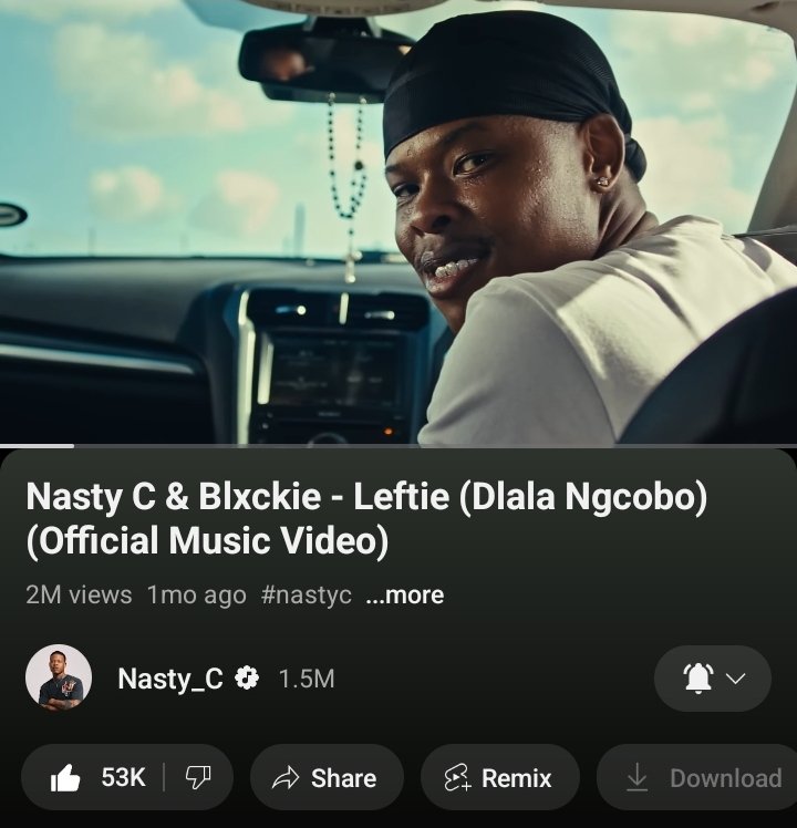 blackjacket_j's tweet photo. "Leftie (Dlala Ngcobo)" by Nasty_C w/ Blxckie just did 2 million in views on Youtube.

"My exes can't come back to me 'cause I'm not where they left me"

What's your favorite quotable from the joint? https://t.co/U7JyiLTbEZ