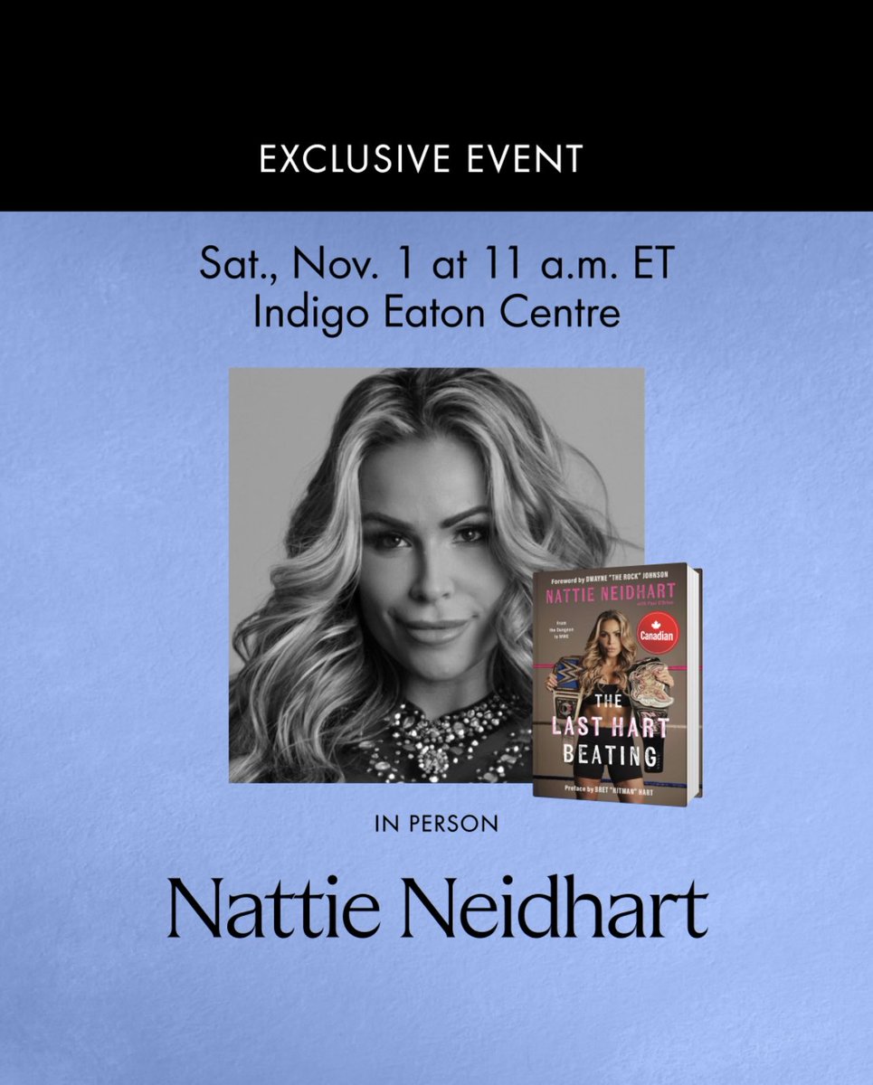 Saturday, November 1st join Nattie Neidhart as she signs #TheLastHartBeating.

Read about her journey, from her life in the #Hart family, through her more than two decades in #wrestling.

➡️ See share.google/qv37GBBczKasWj… for tickets and details!

#WWE #NattieNeidhart #prowrestling