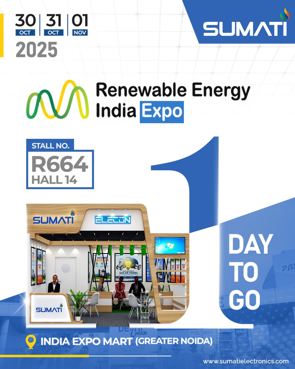 SumatiElec's tweet image. Only 1 Day to Go! 
We’re all set for the Renewable Energy India Expo 2025 — showcasing innovation, sustainability, and cutting-edge power solutions. 

 Visit us at:
Stall No. R664 | Hall 14
India Expo Mart, Greater Noida
Explore our range of inverter batteries, solar solutions,