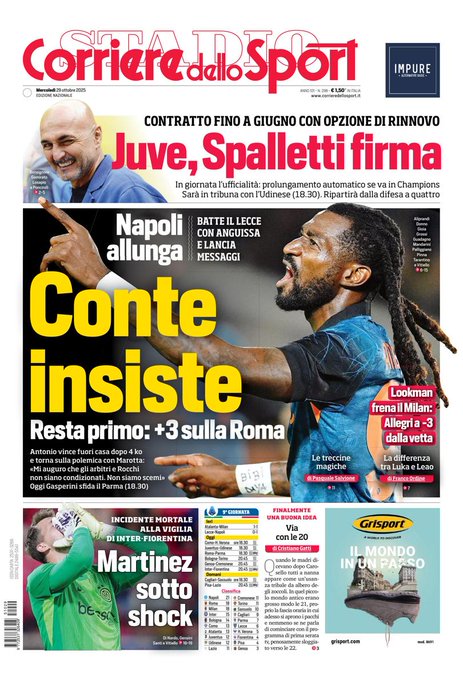 Front Page Corriere dello Sport, Wednesday 29 October 2025