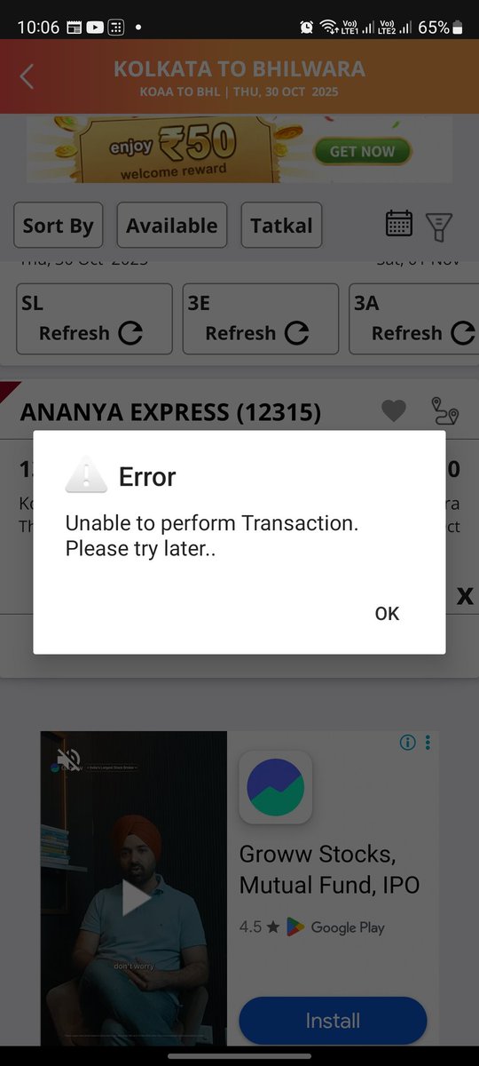 karan_agarwall's tweet photo. @AshwiniVaishnaw @RailMinIndia  
While booking tatkal tickets, it is showing unable to perform transaction. Is it some kind of scam by railway officials? After every festival period, we are unable to book tatkal tickets. Kindly answer #railticketscam #tatkalscam https://t.co/OMOlhDstyz