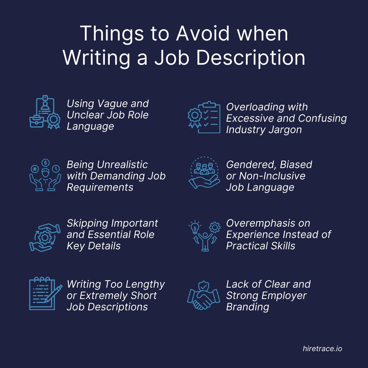 HireTrace's tweet image. Things to Avoid when Writing a Job Description

#JobDescriptionMistakes #HiringTips #SmartRecruitment #TalentAttraction #InclusiveHiring #FutureOfWork #HRBestPractices #hiretrace