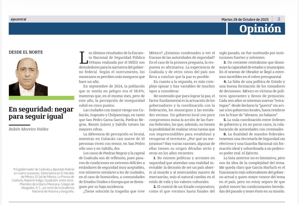 RubenMoreiraAlt's tweet image. Los #mexicanos se sienten más inseguros, esto revela la última edición de la Encuesta Nacional de Seguridad Pública (#ENSU). 

Justo de esto hablo en mi más reciente columna en @EjeCentral; te invito a leerla.

ejecentral.com.mx/opinion/en-seg…