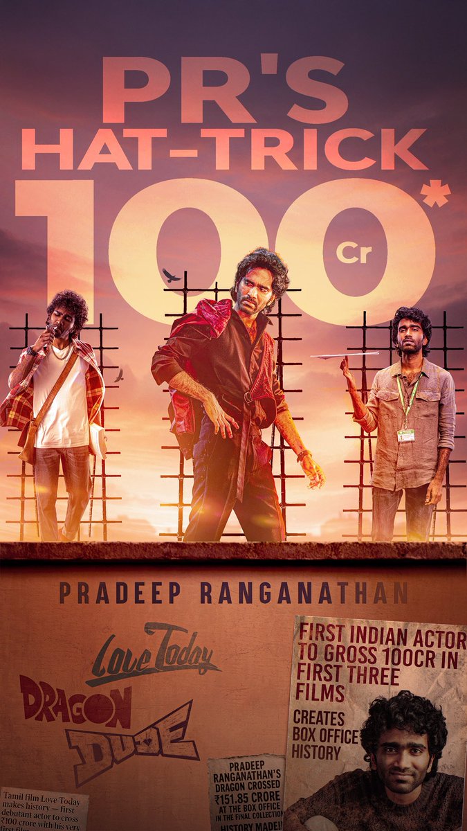 PRADEEP RANGANATHAN SCORES A HAT-TRICK… #LoveToday, #Dragon, and now #Dude – actor #PradeepRanganathan [<a href="/pradeeponelife/">Pradeep Ranganathan</a>] is on a roll, delivering three consecutive money spinners.

In today's rapidly evolving cinematic landscape, this stands as a towering achievement.
