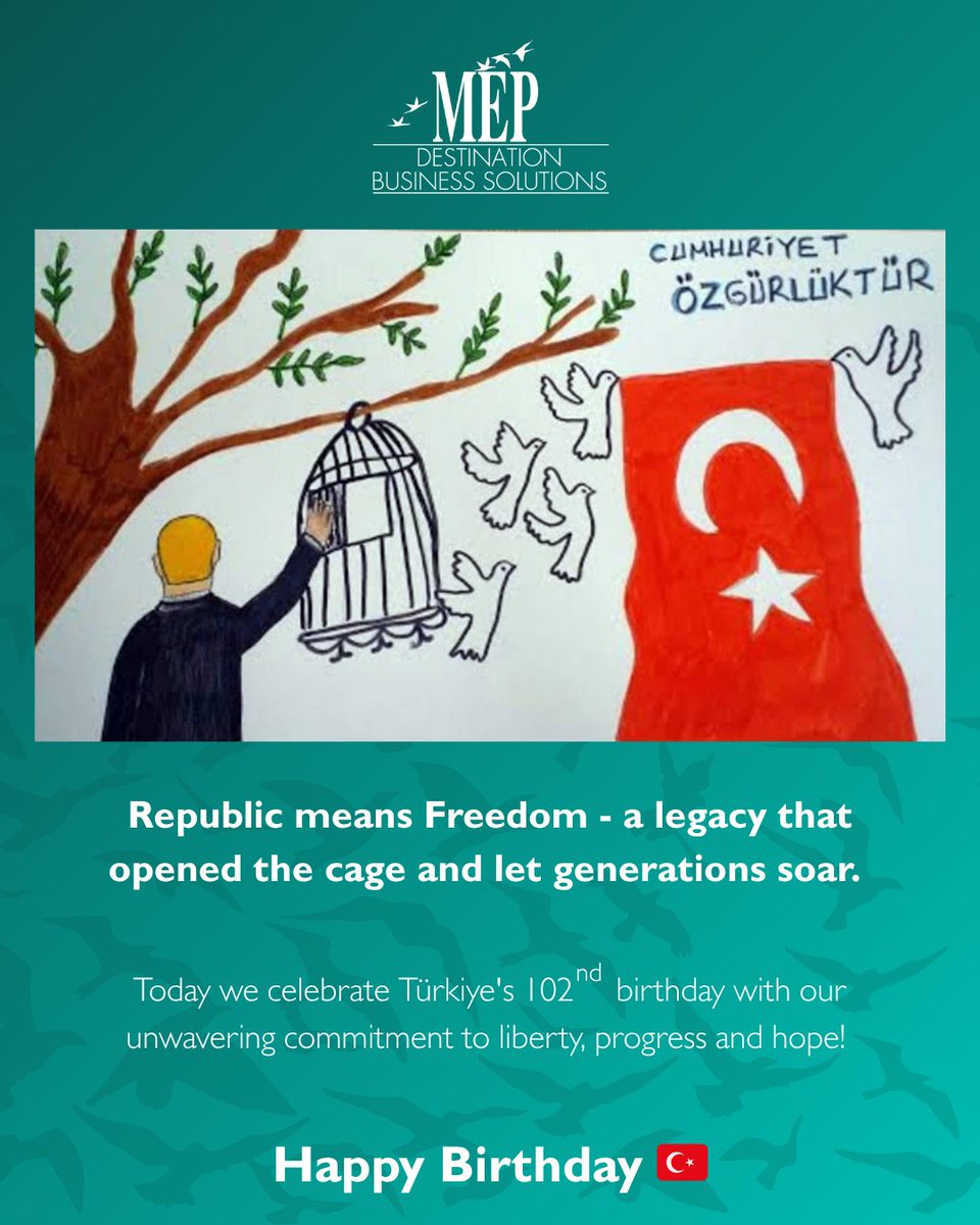 Republic means Freedom - a legacy that opened the cage and let generations soar. 

Today we celebrate Türkiye's 102nd birthday with our unwavering commitment to liberty, progress and hope! 

Happy Birthday 🇹🇷 
#republic #turkiye #ataturk