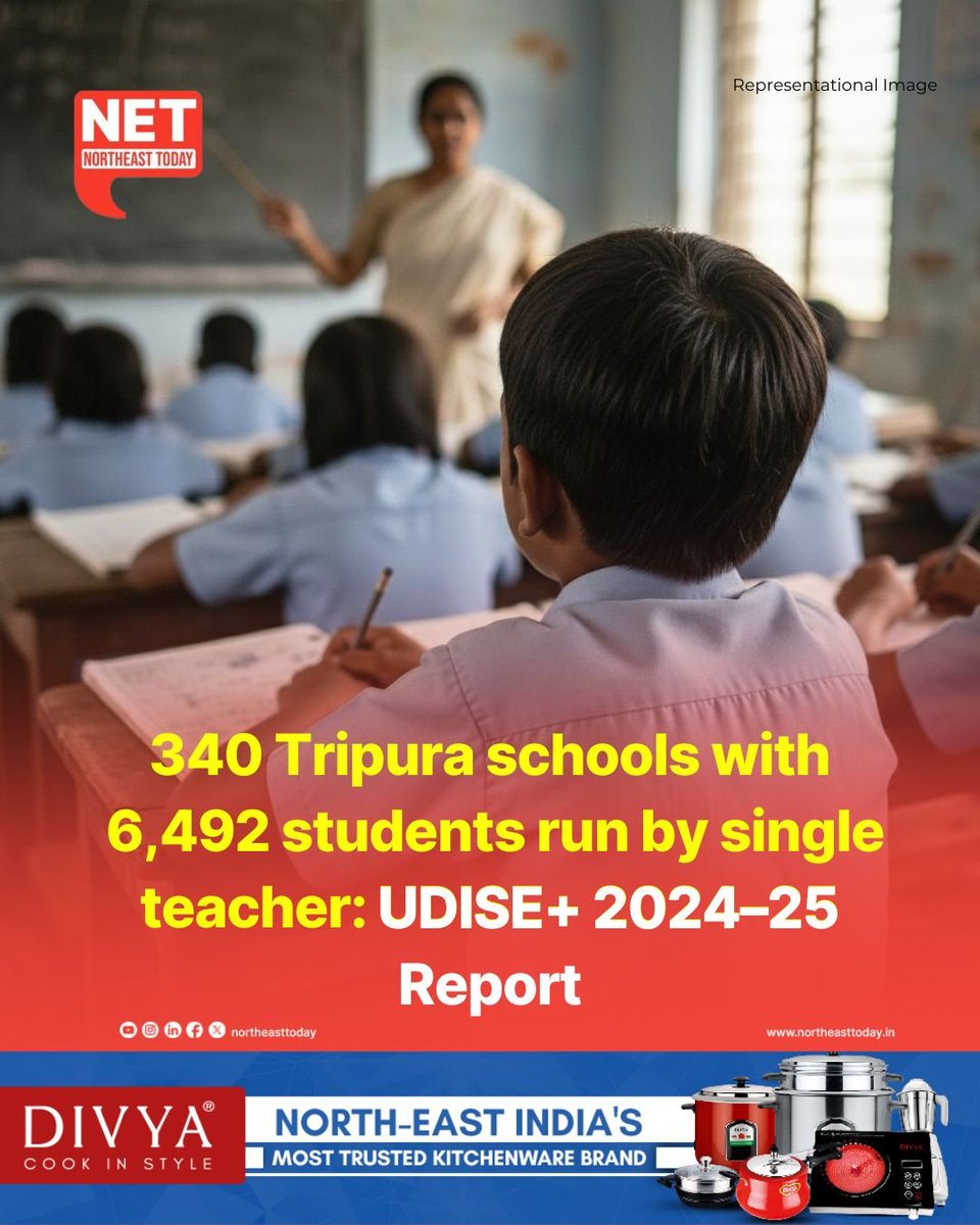 ObserverNE_24_7's tweet image. #NetSnippet | Tripura has made significant progress in education access and equity, as per the Unified District Information System for Education (UDISE+) 2024–25 report released by the Ministry of Education.   
#student #teaching #teacher #Report #Tripura 
#CycloneMontha