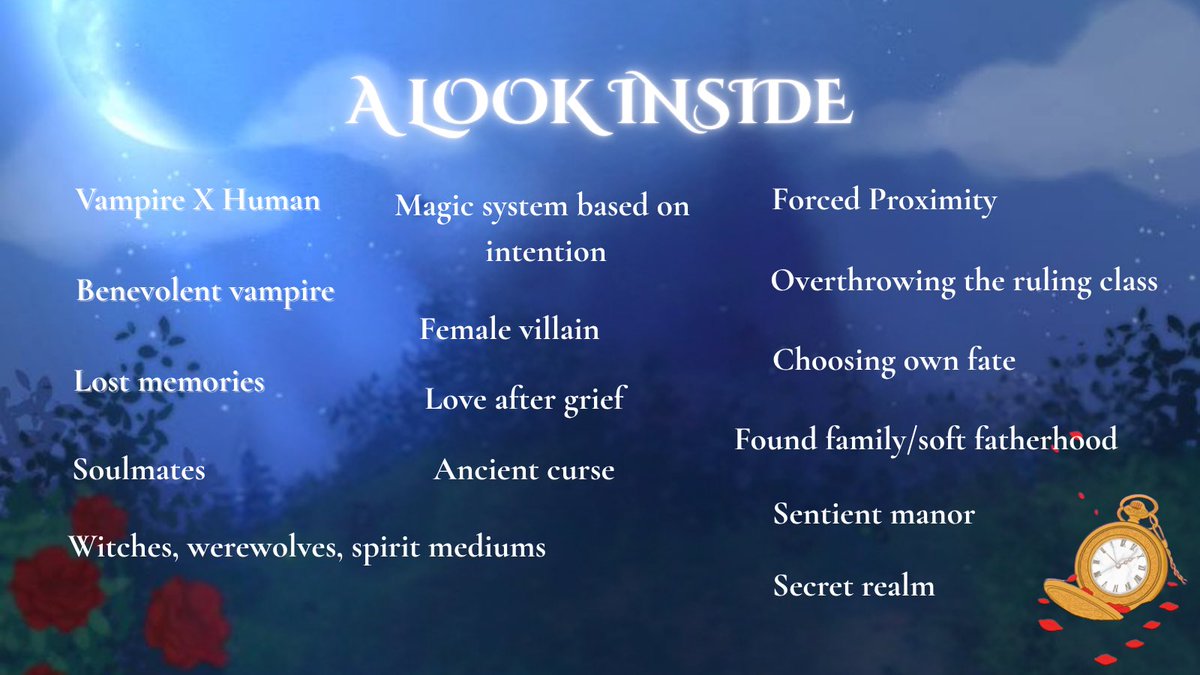 Updated #agentsguide for my adult Gothic fantasy/paranormal romance Time and Time Again. 🕯️🌙🦇

🌙 Soulmates
🦇 Benevolent vampire/grumpy human
🌙 Slow-burn romance with steamy yearning
🦇 Sapphic witches
🌙 Historal Gothic fantasy

#literaryagents #amquerying