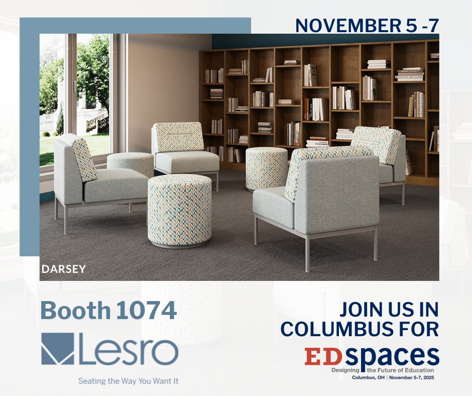 LesroIndustries's tweet image. EDspaces begins today! 📚

Visit us at Booth 1704. Check out products like Darsey
&amp;amp; Bloom and discover why Lesro belongs in learning
spaces.

#EDspaces2025 #educationdesign #receptionseating
#collaborativelearningspace #receptionfurniture
#interiordesign #SeatingTheWayYouWantIt