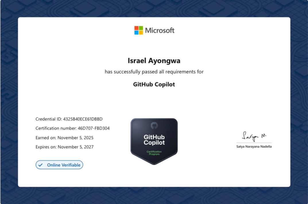 iayongwa's tweet image. GitHub Copilot Certification ~ AI Pair Programmer ~ Unlocked. 🫡 @github @microsoft #ContinuousLearning 
learn.microsoft.com/api/credential…