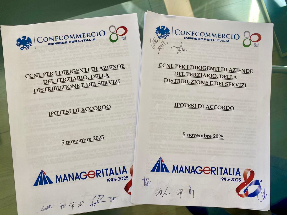 baldazzi75's tweet photo. Oggi abbiamo rinnovato con anticipo il contratto collettivo nazionale per i Dirigenti del Terziario, valido dal 1° gennaio 2026 al 31 dicembre 2028. 
Una scelta di stabilità e visione condivisa tra #Confcommercio e #Manageritalia. https://t.co/w6BJv7NZRn