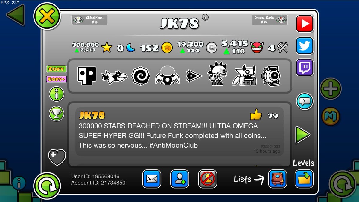 Top100Dash's tweet image. Huge congrats to JK78 for reaching 300,000 stars! 16th player in the world to achieve it.
#GeometryDash #Leaderboards #Top100