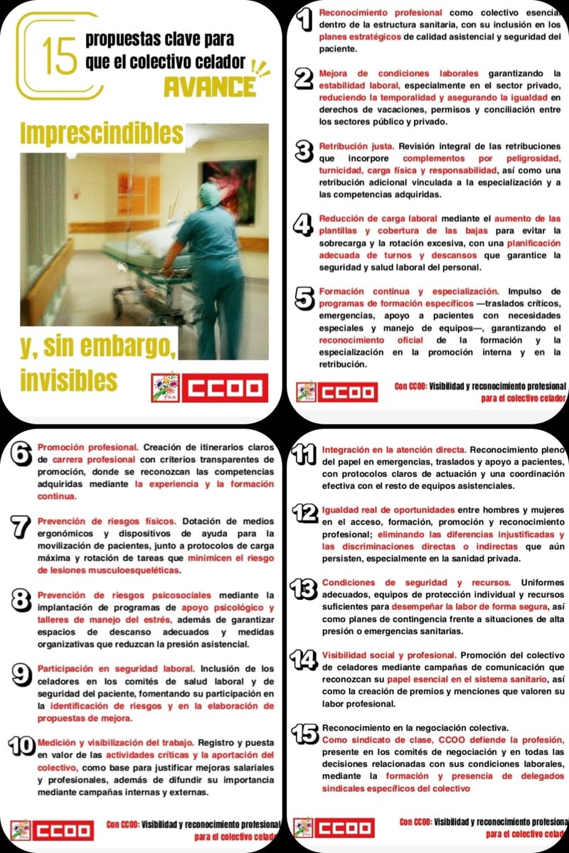 1️⃣5️⃣ propuestas clave para que el colectivo Celador 

▪️Para alcanzar un reconocimiento real, mejorar las condiciones de trabajo ...

 ✅ Porque es personal imprescindible que debe de dejar de ser invisible

🫴 Porque en CCOO tenemos claro que #SinTiNoFunciona

#CeladorxsVisibles