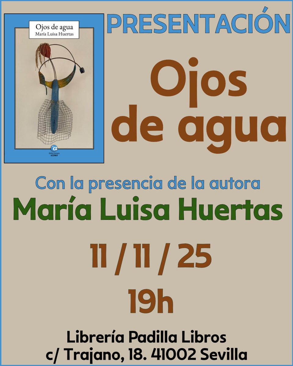 El martes 11, a las 19h, presentaremos "Ojos de agua", de  María Luisa Huertas.  Este libro, que evoca sensaciones infantiles en Marruecos, la libertad de elección de las mujeres, de la moda francesa y de la independencia del país africano.