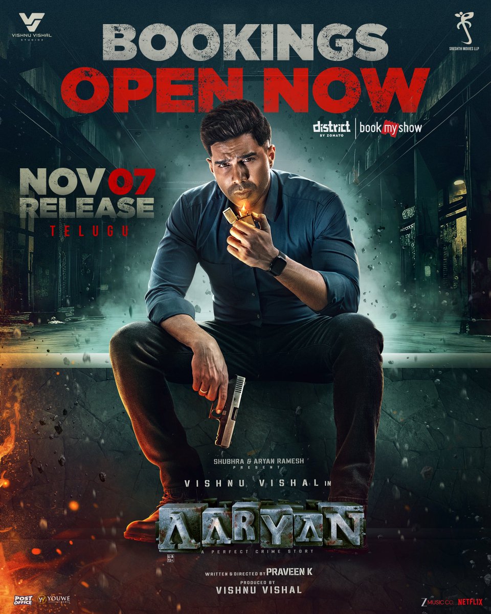 Gear up for the gripping chase 🔥
#AARYANTELUGU Bookings are OPEN NOW 🕵️‍♂️

🎟️ Book Now: linktr.ee/AaryanBookings

Catch the Crime Thriller of the Season — In Cinemas Nov 7th ✨ 

#AARYAN <a href="/TheVishnuVishal/">VISHNU VISHAL - VV</a> <a href="/VVStudioz/">Vishnu Vishal Studioz</a> <a href="/adamworx/">Praveen K</a> <a href="/selvaraghavan/">selvaraghavan</a> <a href="/ShraddhaSrinath/">Shraddha Srinath</a> <a href="/Maanasa_chou/">Cherukuri Maanasa choudhary</a>