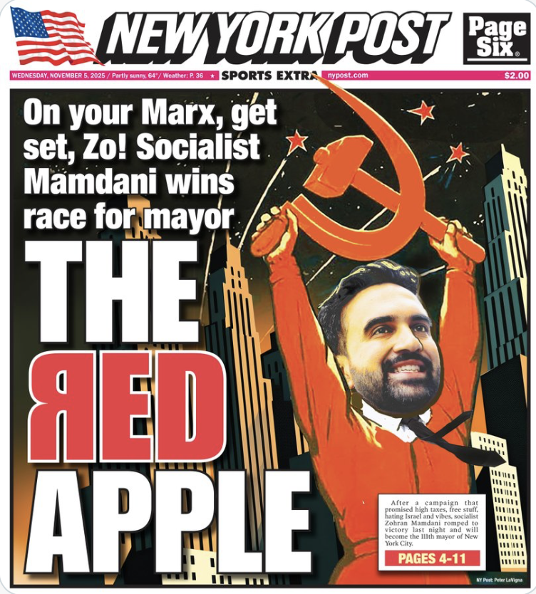 natel1826's tweet photo. Zohran Mamdani remporte la mairie de NY.  
Il est qualifié de "progressiste".  C'est une fraude sémantique.  
C'est un communiste déguisé en socialiste pour mieux accéder au pouvoir.   
Et ce genre d'idéologie n'a jamais apporté le moindre progrès.  Au contraire, c'est régression assurée, comme partout où cette idéologie a été tentée.  
Ce n’est donc pas un vent d’espoir qui souffle sur New York, mais bien une bourrasque d’utopies usées qui séduisent les rêveurs, mais ruinent les nations.
À suivre....