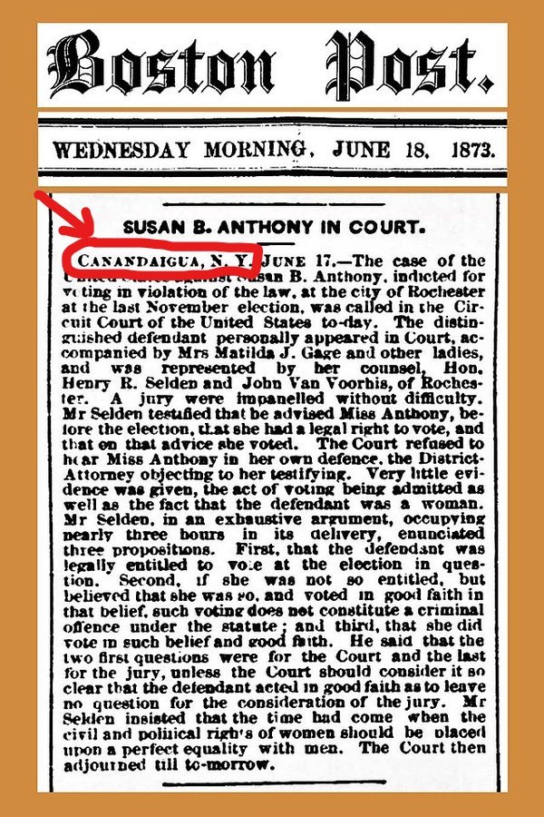 On this date, Susan B. Anthony votes illegally in the 1872 Presidential election in Rochester, NY.  She is later put on trial right here in Canandaigua.