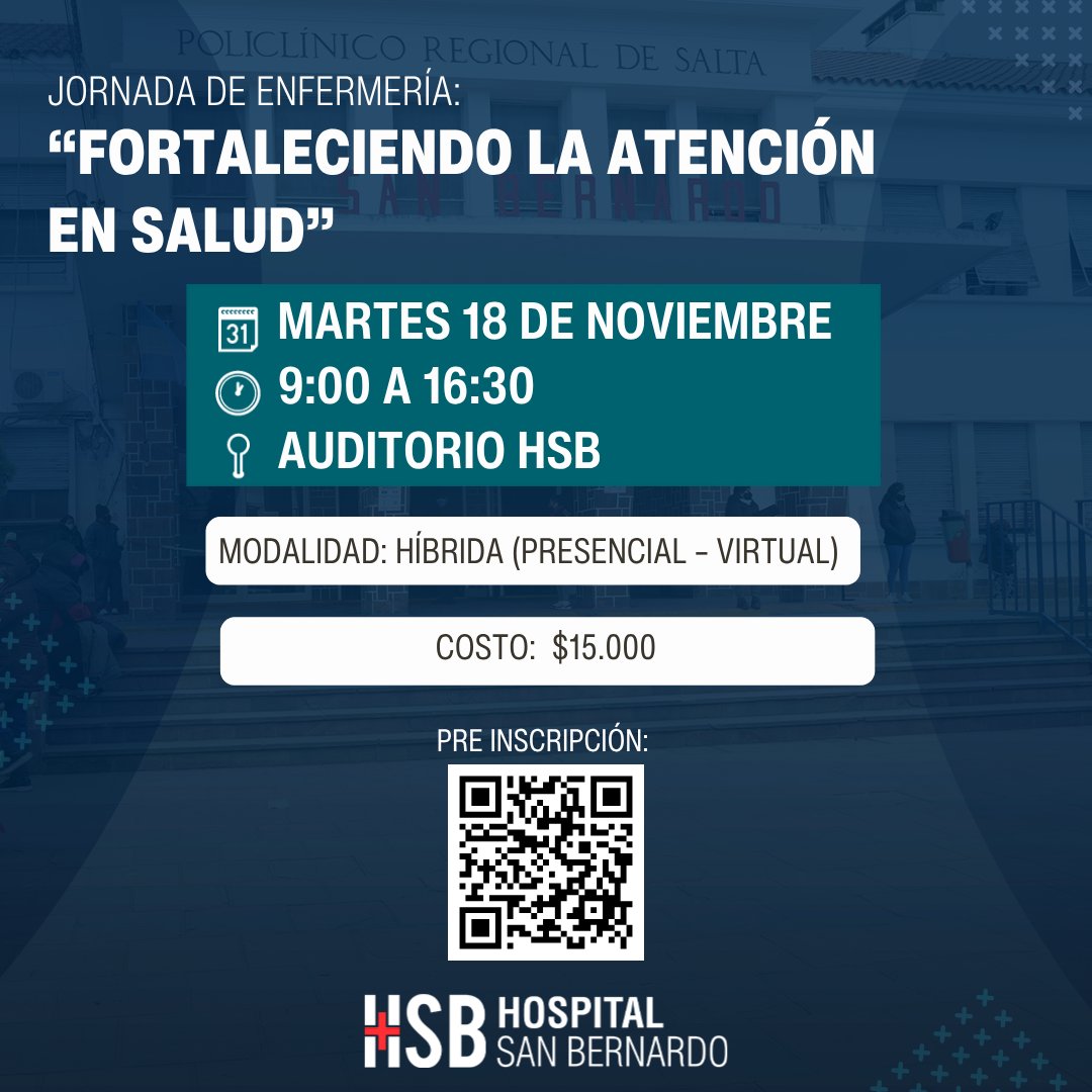 📌 JORNADA DE ENFERMERÍA: “FORTALECIENDO LA ATENCIÓN EN SALUD”
El Servicio de Internación Domiciliaria del Hospital San Bernardo invita a estudiantes, enfermeros, licenciados, magisters, especialistas y profesionales médicos a participar del siguiente encuentro: