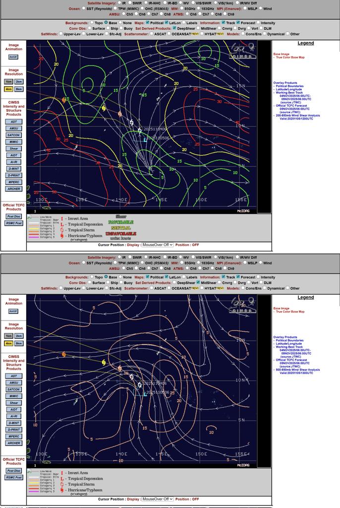 yunyan350's tweet image. #WesternPacific
#typhoon
#tropicaldepression
#Meteorologicalenthusiasts
在今日份的發展中該系統因為整合核心對流點緣故導致CSC定位迴繞了一圈，而從頂層與中層風切變來看該TD處境還算看的下去，然而它目前問題是如同MD一樣環流過大導致其對流散亂無法聚集出颱風該有垂直核心來。