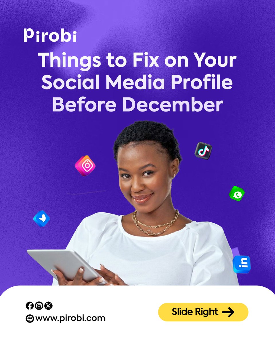 Pirobian's tweet image. Things to fix on your social media profile before December.
Swipe👉

#digitalmarketingstrategy #pirobi #digital #digitalmarketingnigeria #businessplan #businessmarketing #seotips #socialmediamanagement #emailmarketing #contentcreation