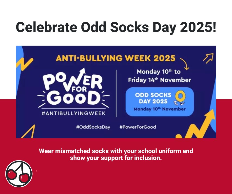 CTS_Watford's tweet image. 🫶🍒⭐️ Anti-Bullying Week 2025 ⭐️🍒🫶
Next week we&apos;re celebrating what makes us all unique with #oddsocksday 🧦on Monday 10th November, and learning how to be kind every day 🌈 Together we can make a difference! #bekind #AntiBullyingWeek @headcherrytree